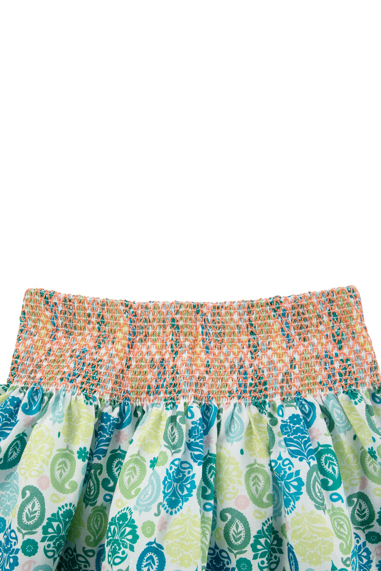 close up view of blue and green multi-ruffle skirt