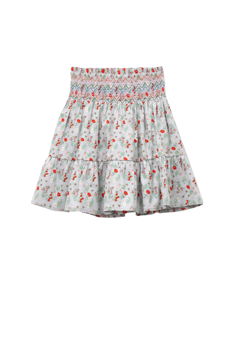 BACK OF GREY FLORAL PRINT PIXIE SKIRT WITH SMOCKED WAIST