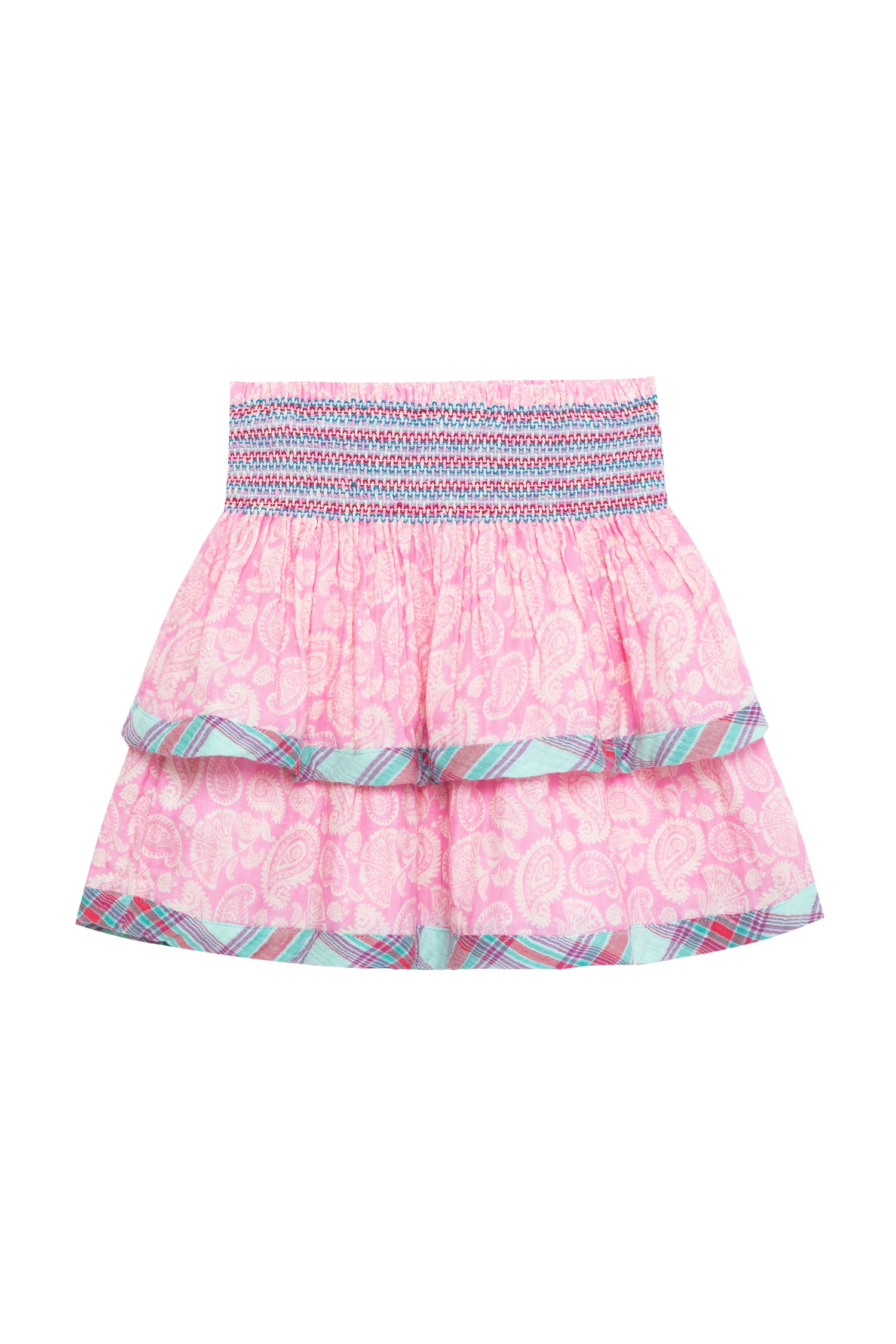 Back view of tiered gauze skirt featuring mixed paisley and plaid patterns, as well as a smocked waist