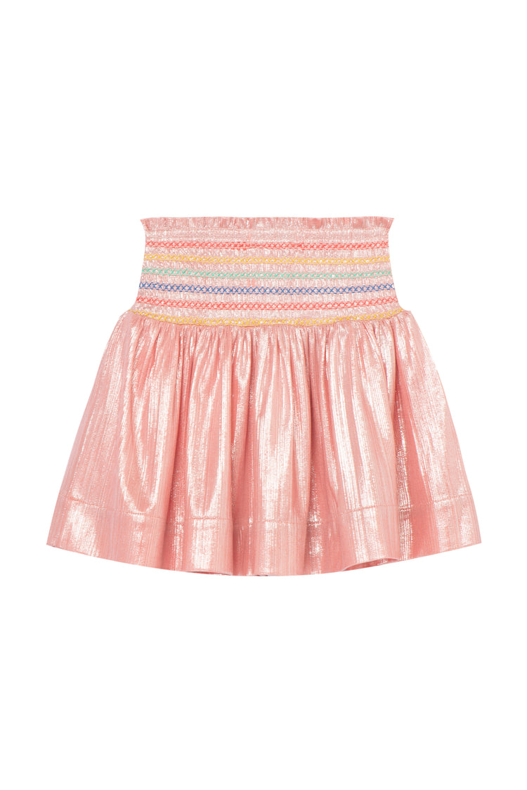 Shiny Faille Smocked Skirt