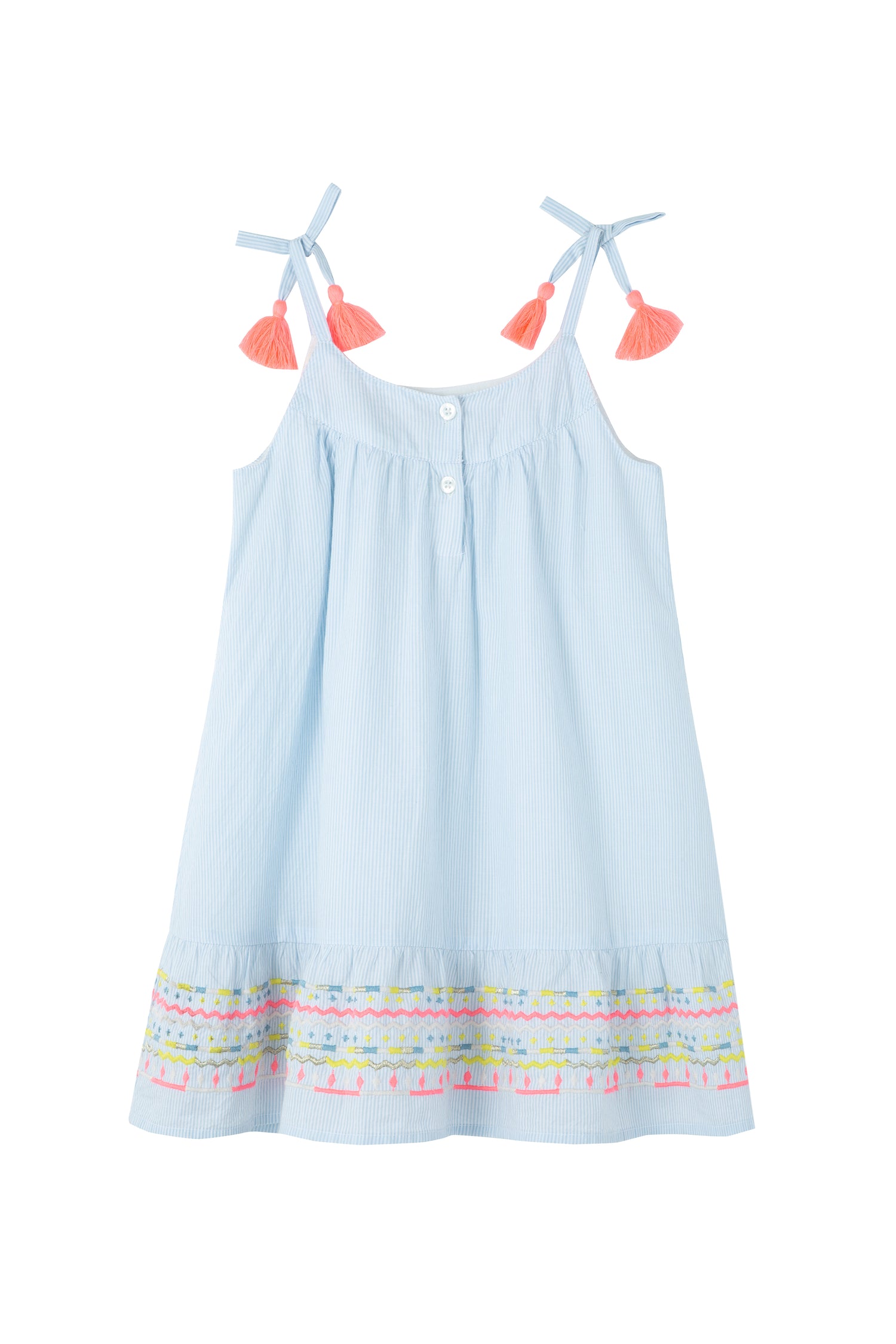 Back of Baby blue dress with white stripes and red, yellow, white & orange embroidery patterns along bottom and top