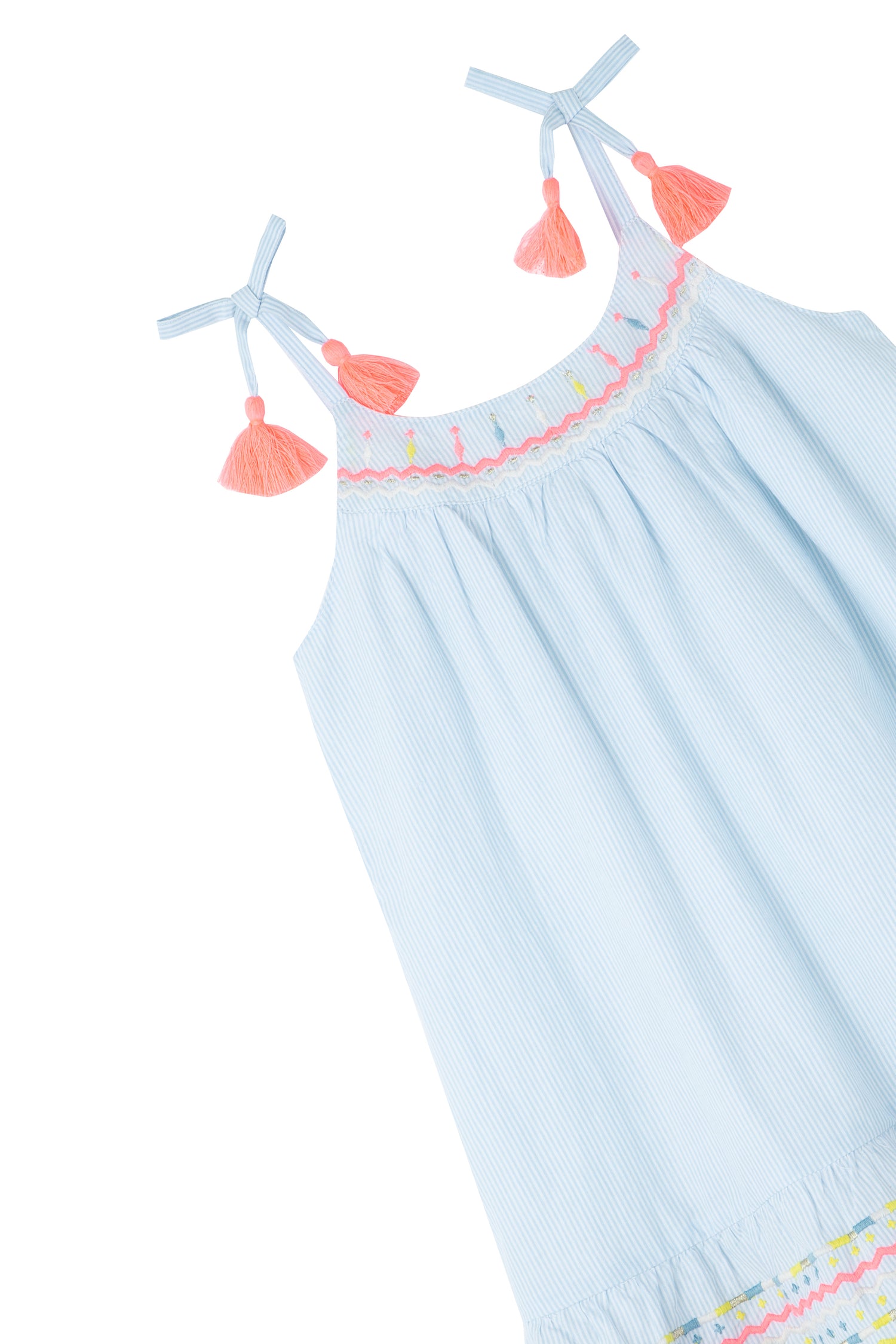 Close up of baby blue dress with white stripes and red, yellow, white & orange embroidery patterns along bottom and top