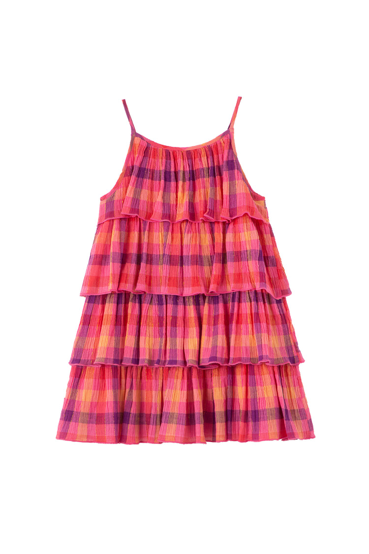 Back of pink, purple & yellow tiered plaid dress