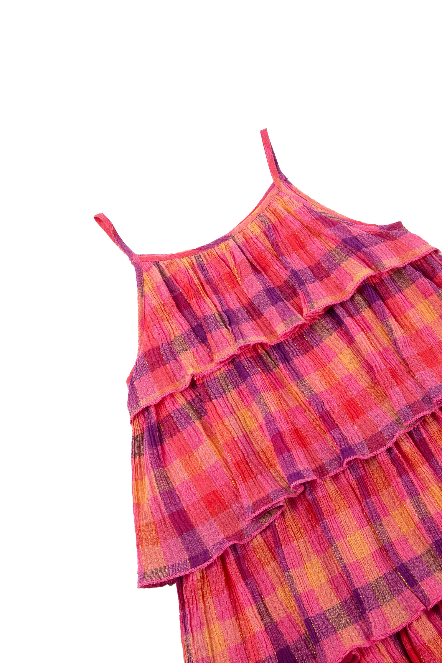 Close up of pink, purple & yellow tiered plaid dress