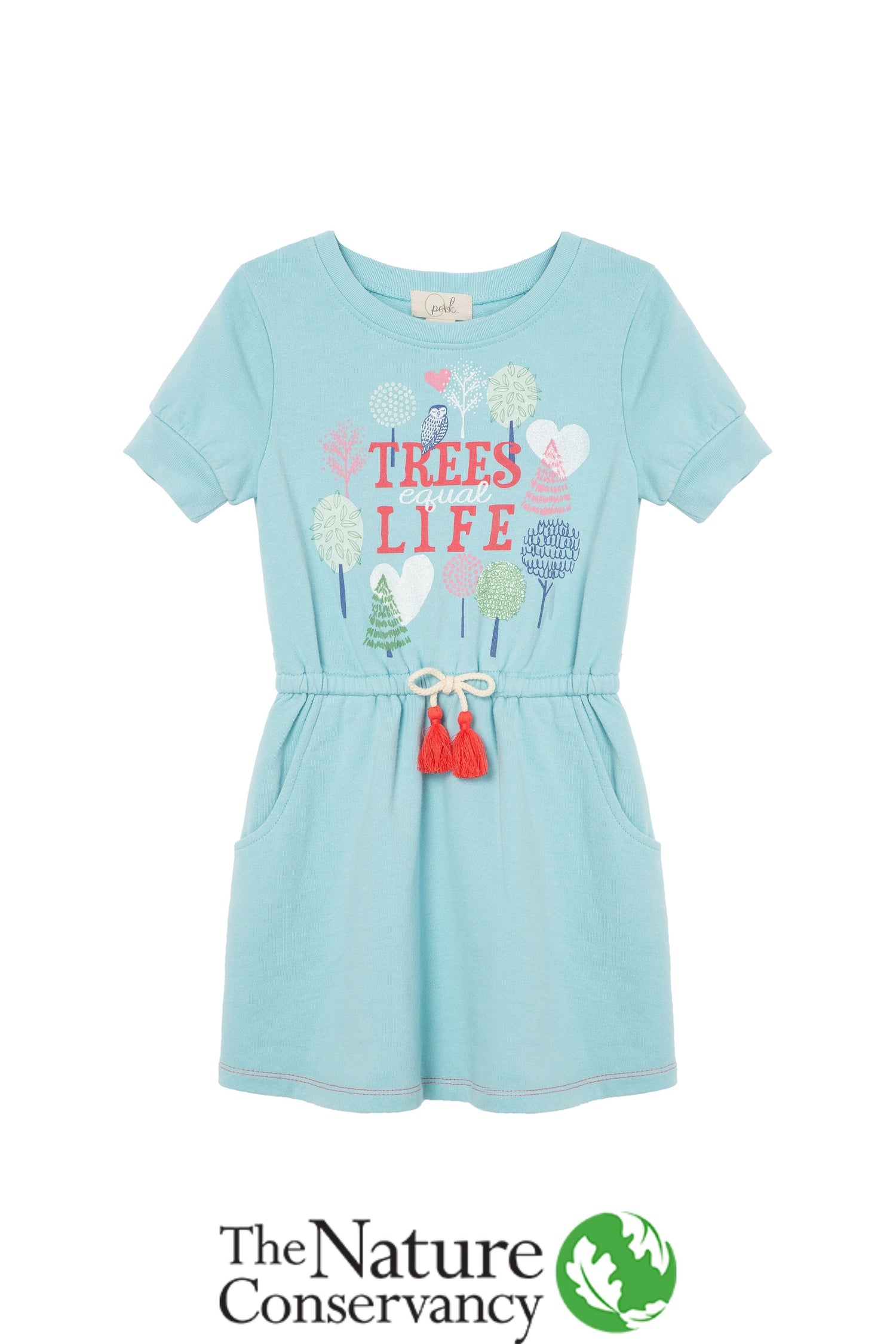 Pocketed baby blue dress with illustrated owl, trees & "trees equal life" text
