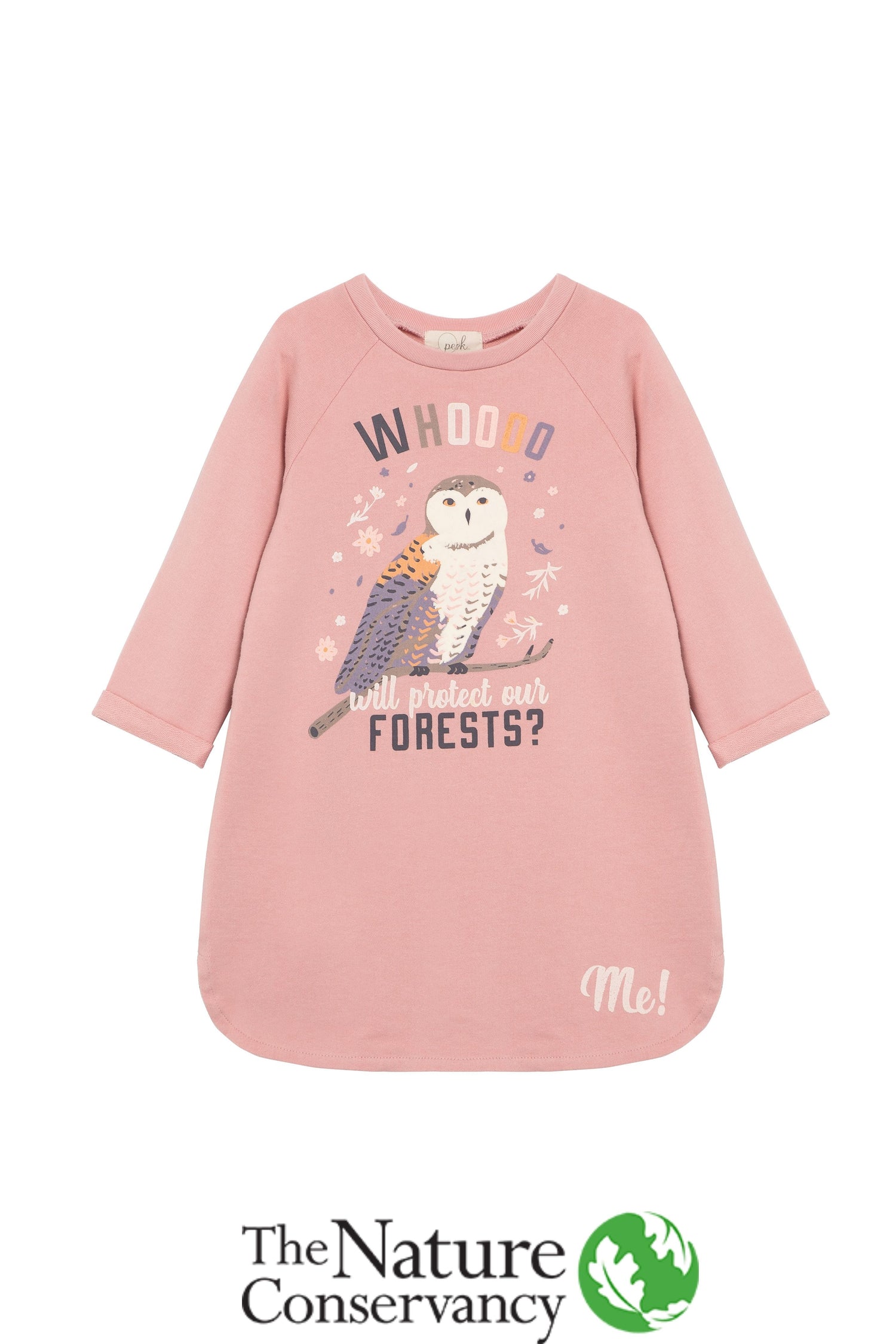 Pink dress with illustrated owl and "whooo will protect our forests?" text