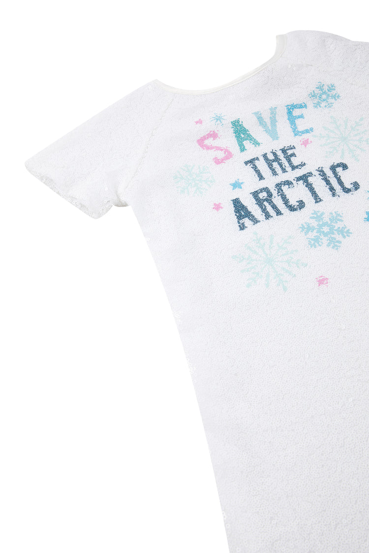 Close up view of "Save the arctic" glitter tee