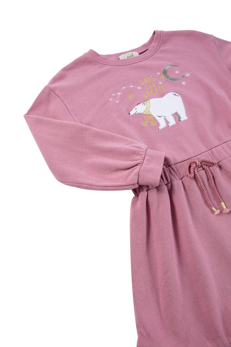Close up view of pink "save the arctic" long sleeve dress