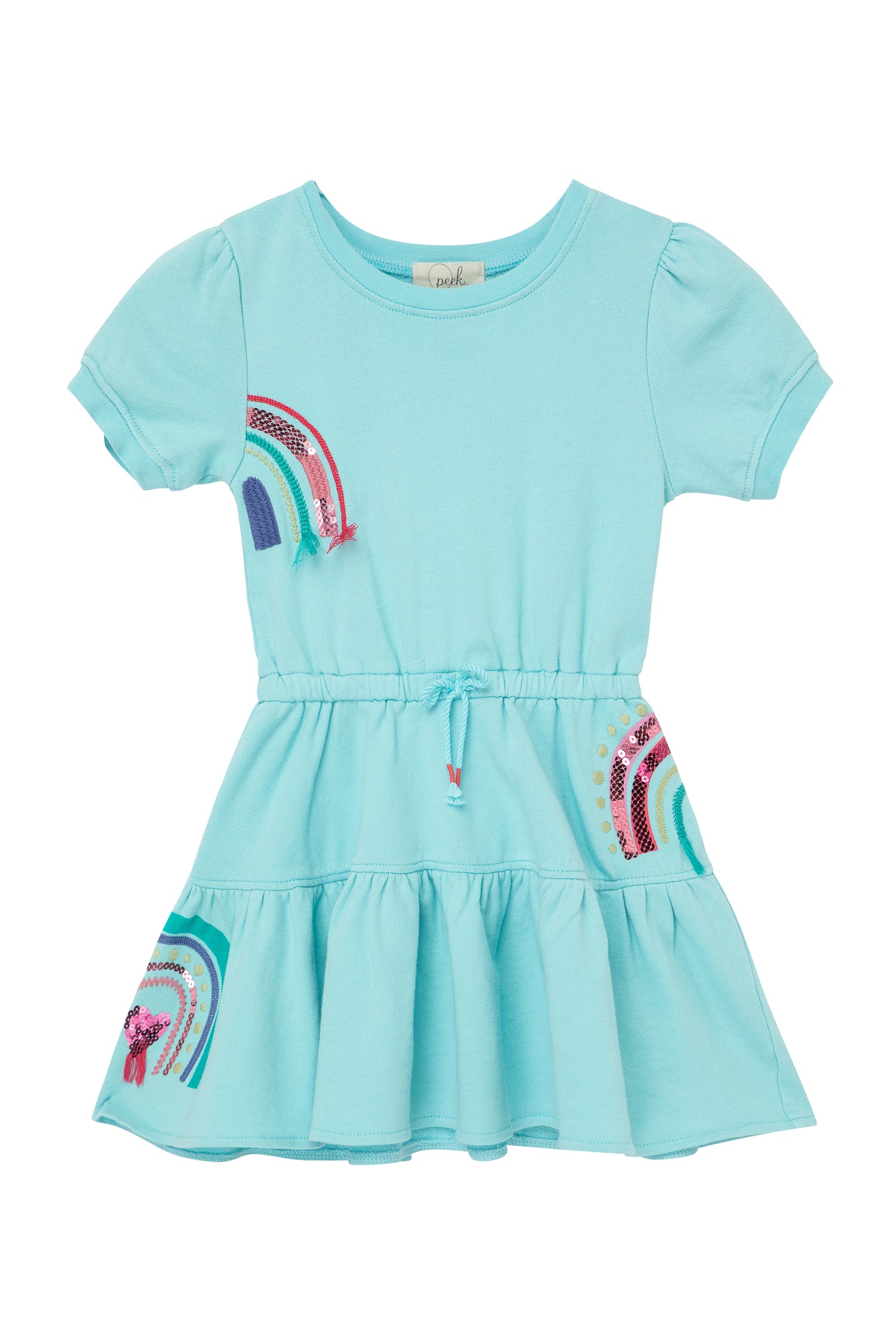 Front view of blue ruffle dress with rainbow pattern