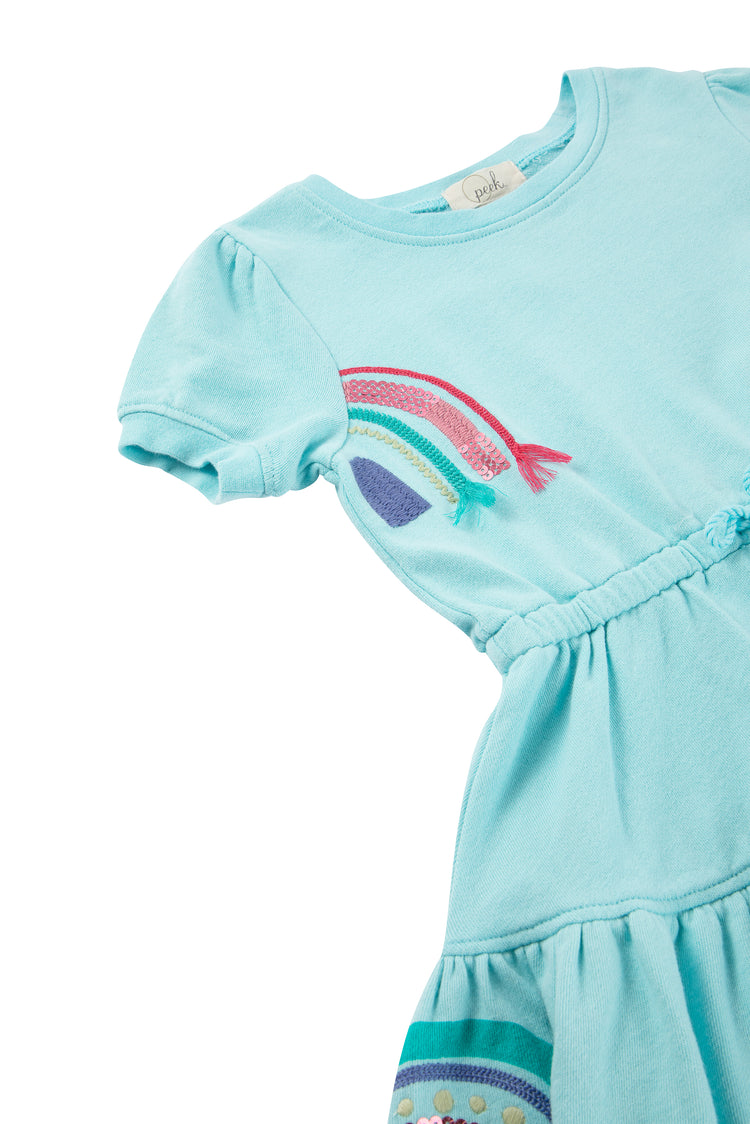 side view of blue ruffle dress with rainbow pattern