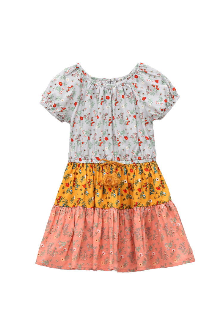 WHITE, YELLLOW, AND PEACH COLORBLOCKED MIXED FLORAL PRINT SHORT SLEEVE DRESS