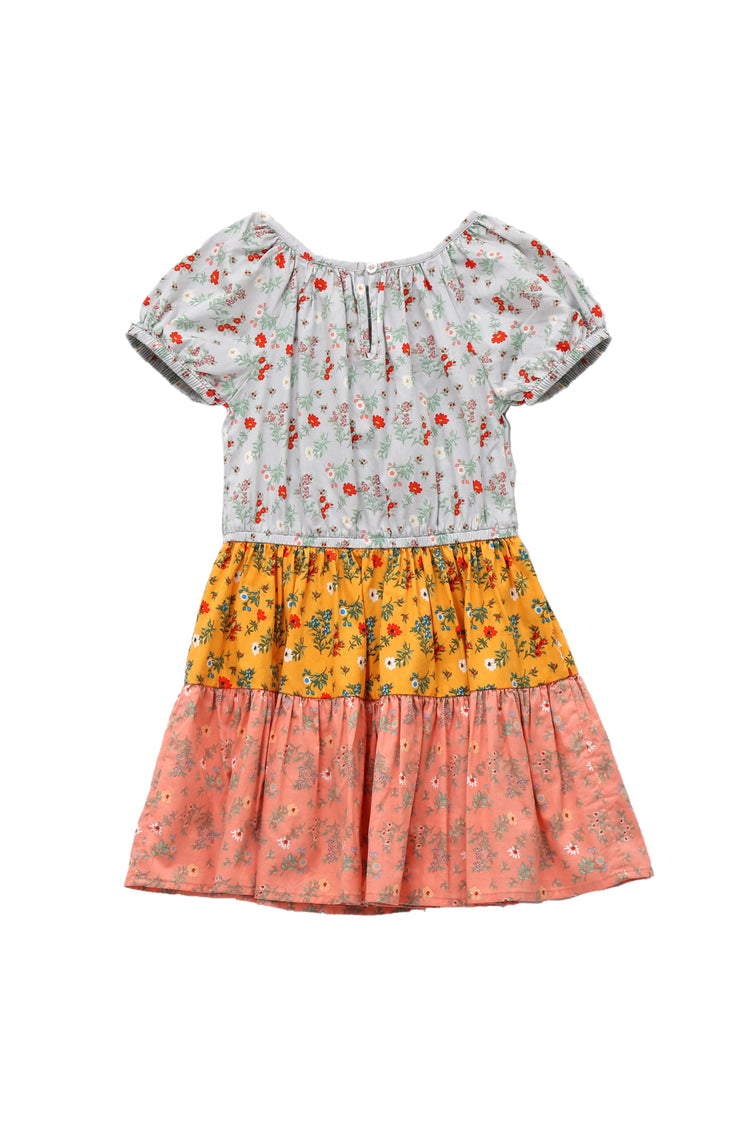 BACK OF WHITE, YELLLOW, AND PEACH COLORBLOCKED MIXED FLORAL PRINT SHORT SLEEVE DRESS