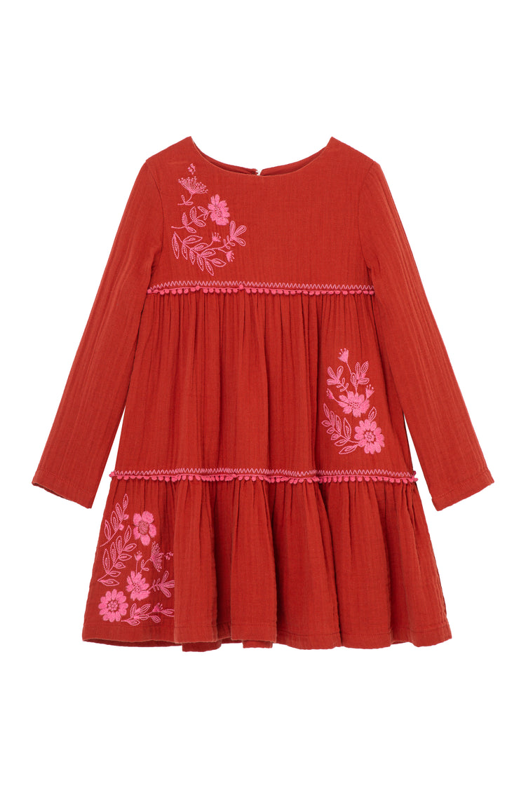 LONG SLEEVE GAUZE DRESS WITH EMBROIDERED FLORALS AND POMPOM TRIM