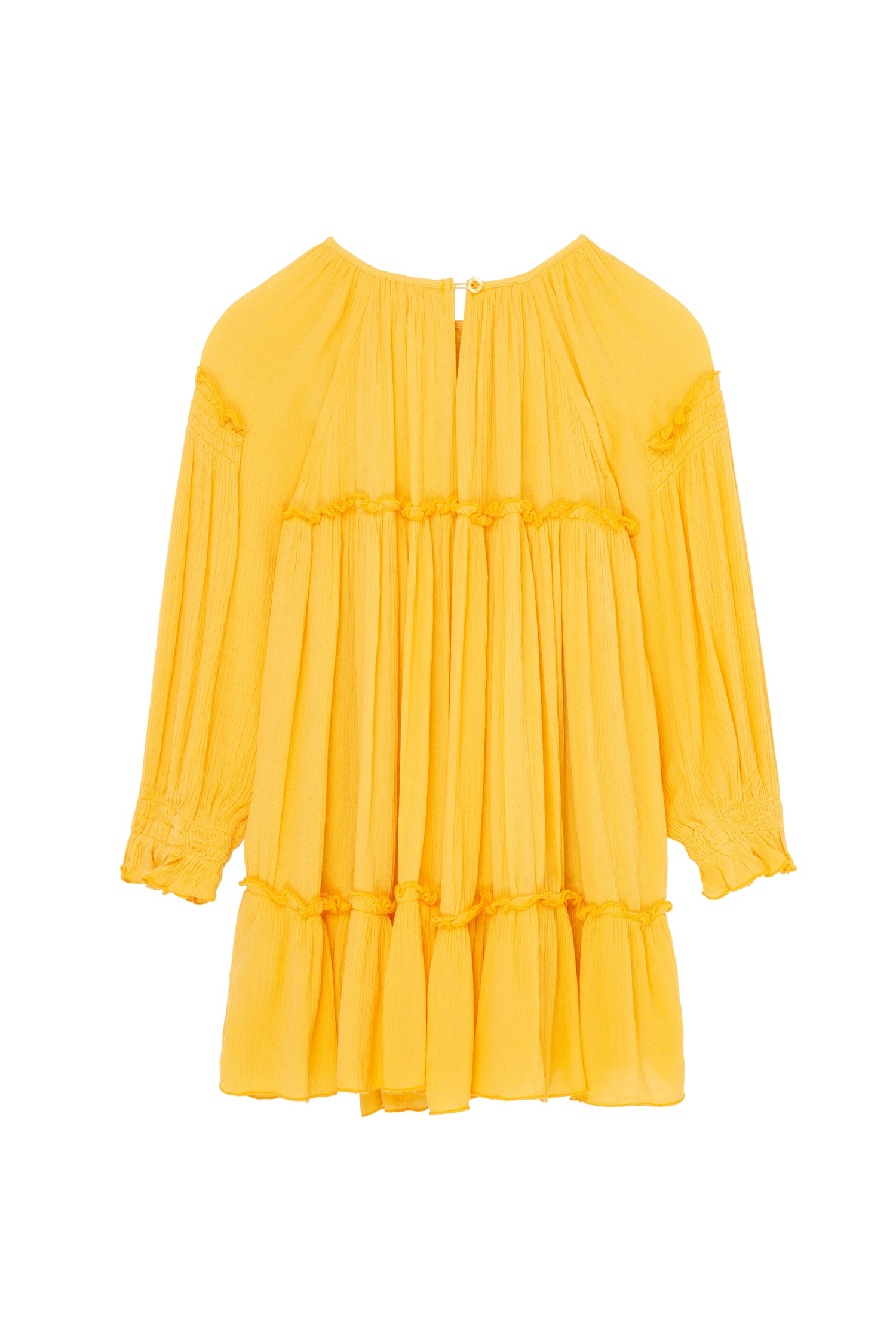 Back view of long sleeve yellow crinkle dress with smocking detailing