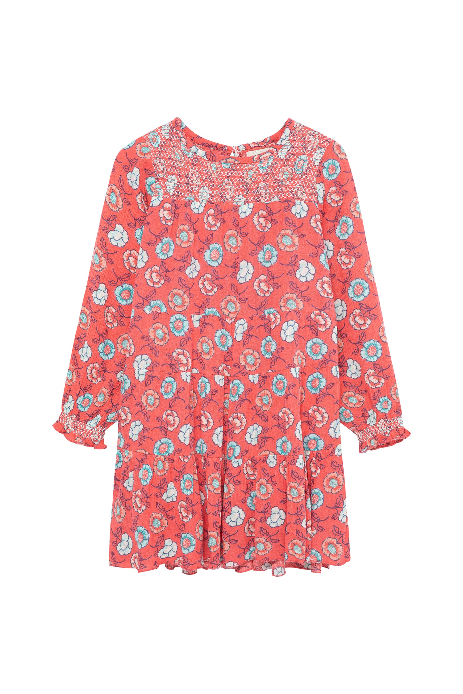 LONG SLEEVE DRESS FEATURING A SMOCKED UPPER BODICE AND AN ALL-OVER FLORAL PRINT