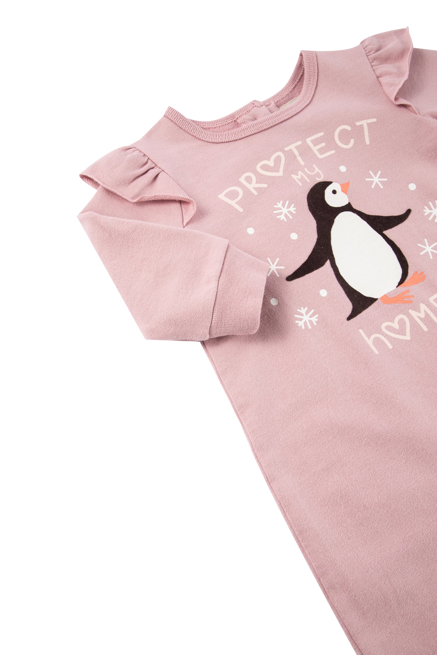 Close up view of child's pink penguin romper with "protect my home" written 