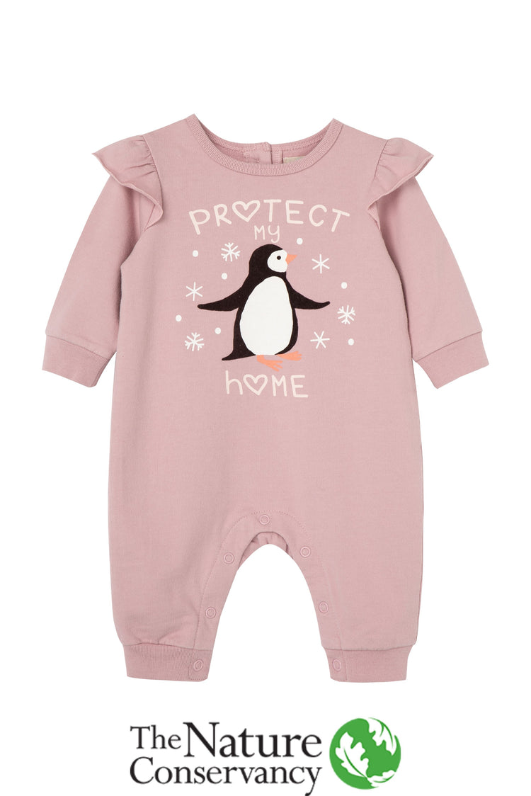 Front view of child's pink penguin romper with "protect my home" written 