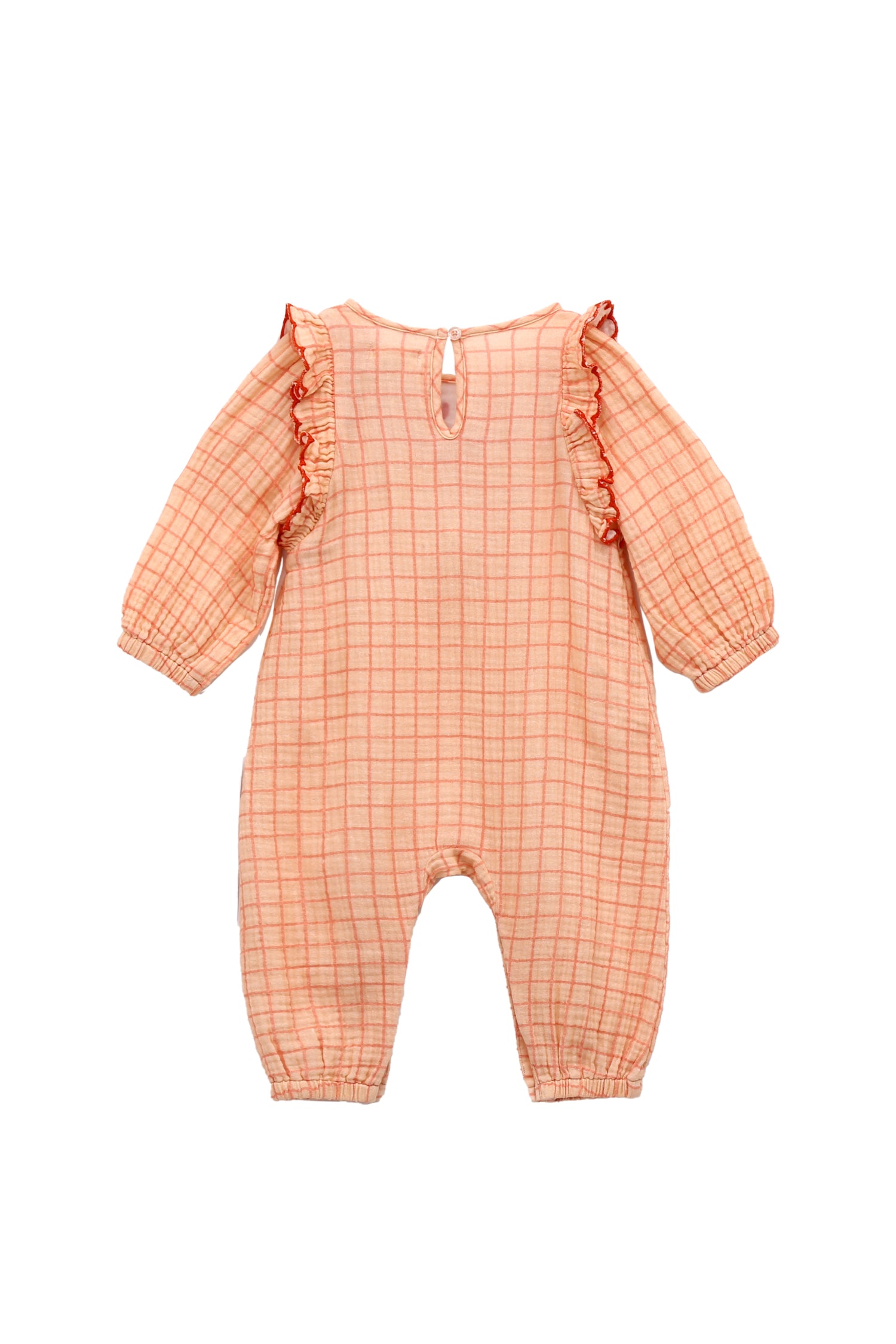 Back view of long sleeve checked coverall with floral embroidery