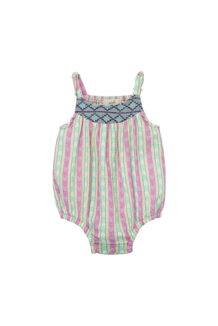 GREEN AND PINK STRIPED GAUZE BUBBLE ROMPER