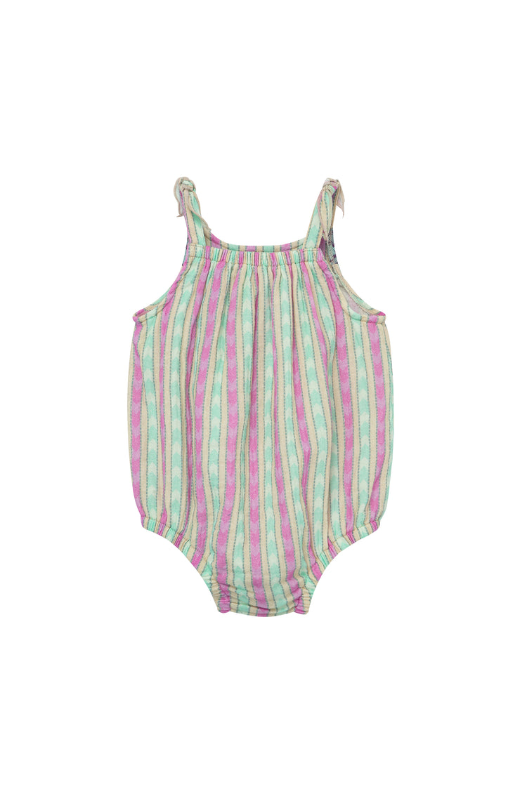 BACK OF GREEN AND PINK STRIPED GAUZE BUBBLE ROMPER