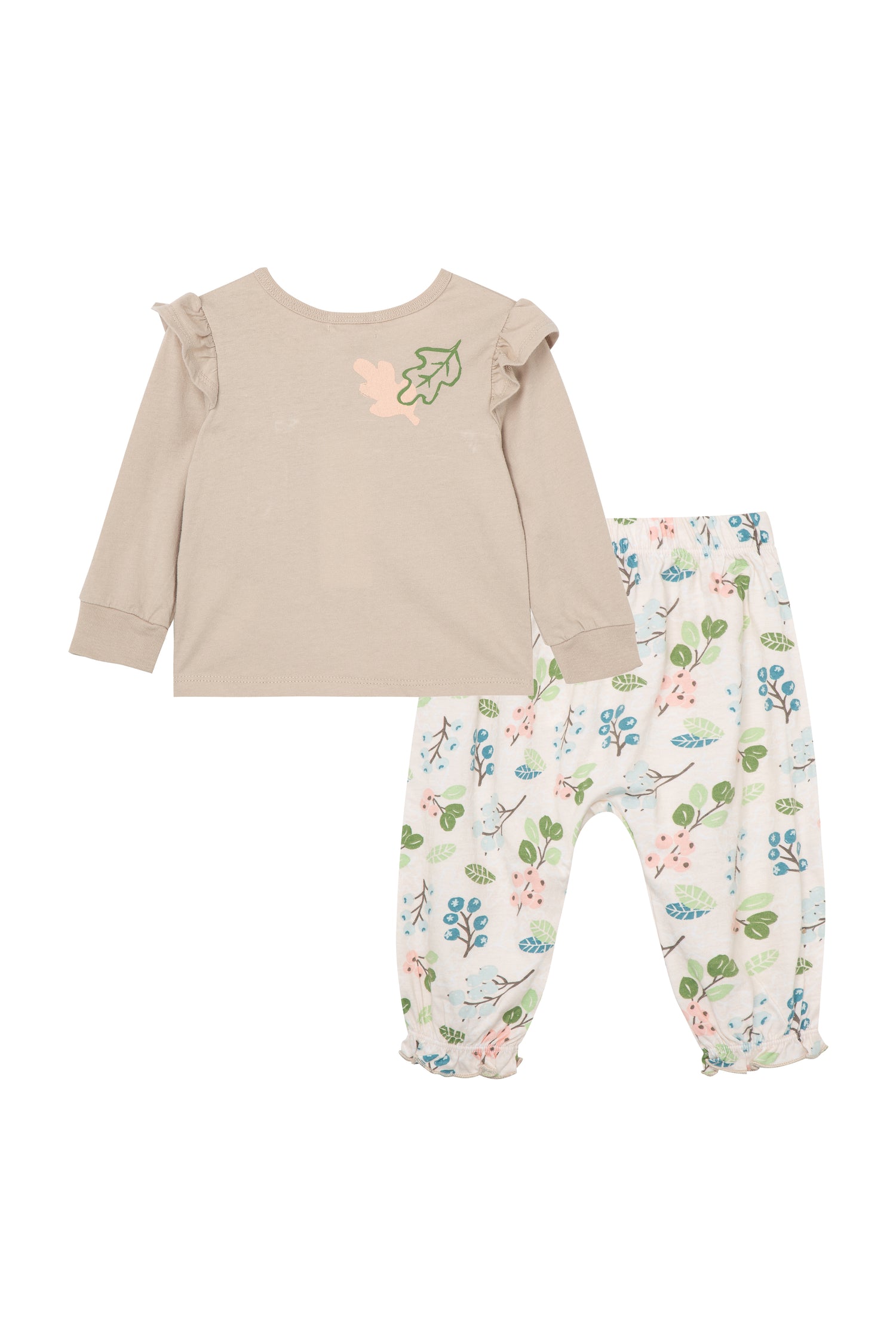 Gray sweatshirt with illustrated leaves; white sweatpants with multi-colored leaf pattern