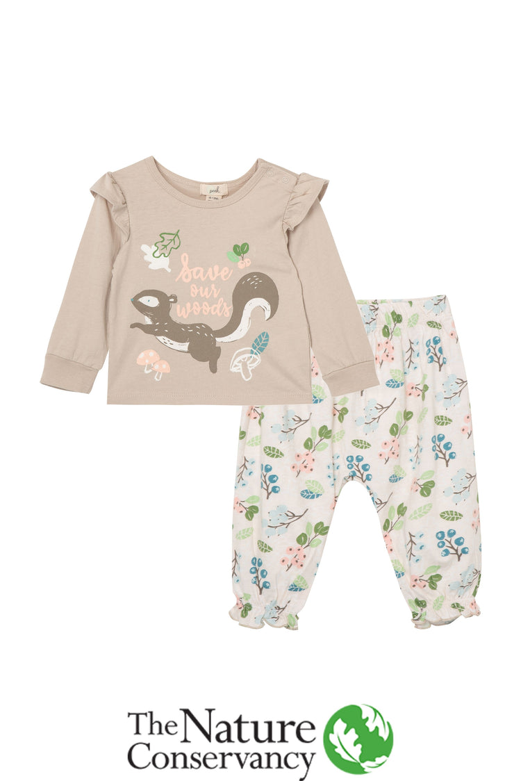Gray sweatshirt with illustrated squirrel and "save our woods" text; white sweatpants with multi-colored leaf pattern