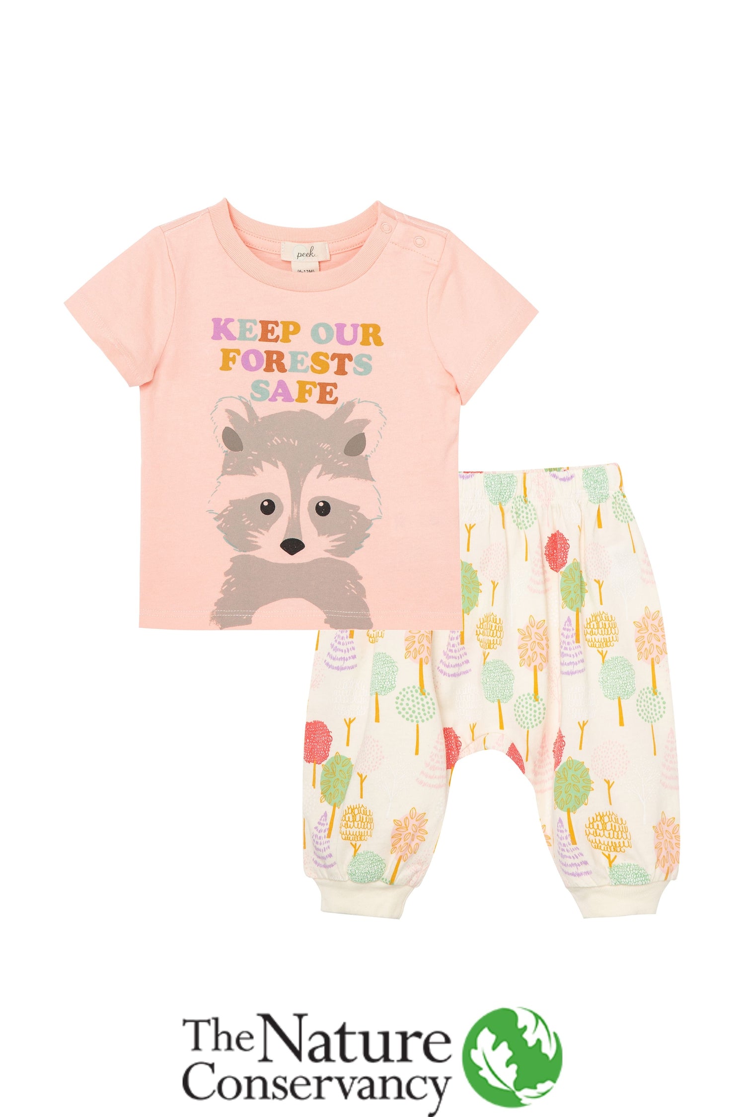 Pink t-shirt with illustrated raccoon and 'keep our forests safe' text; off-white sweatpants with illustrated trees