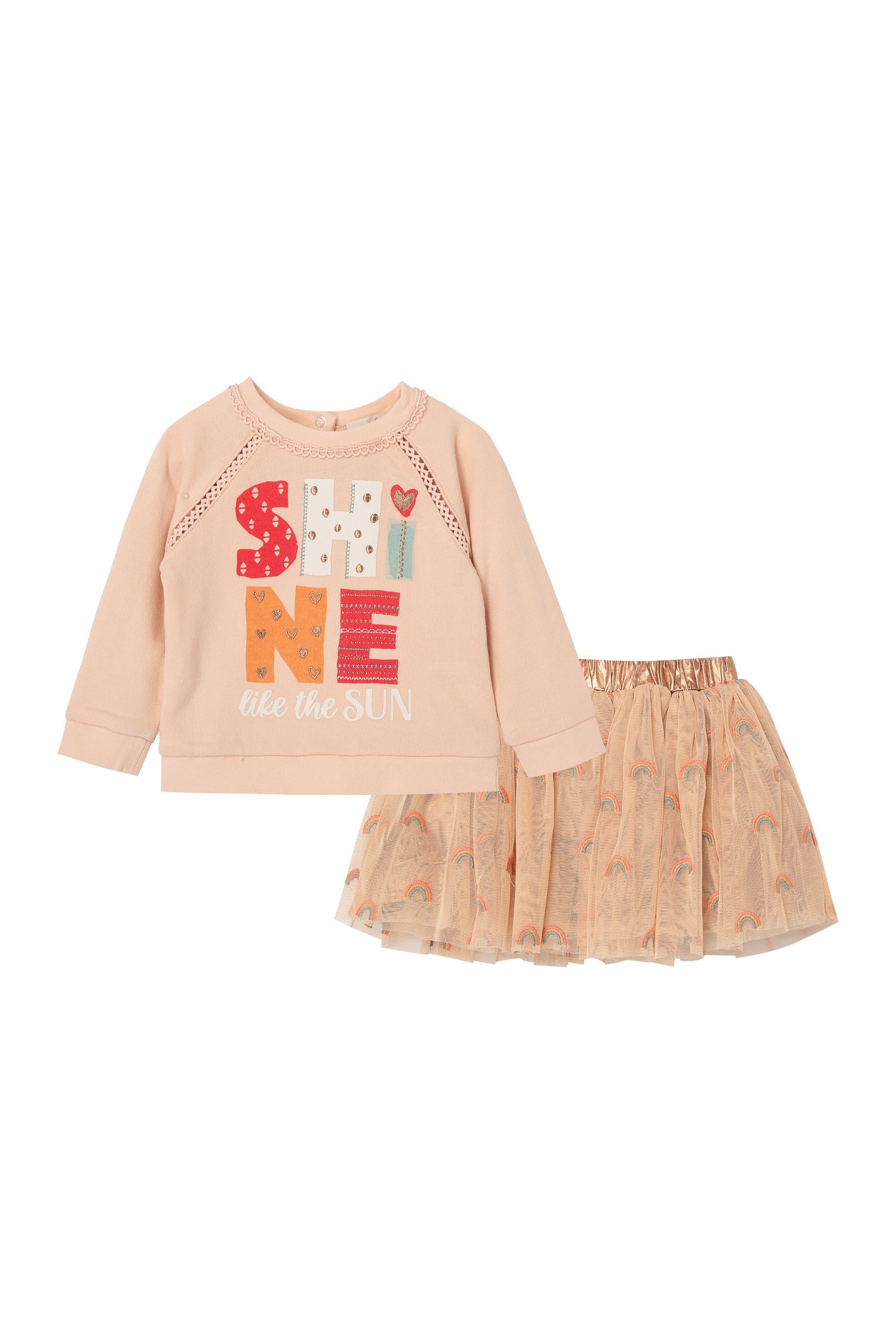 Front view of pink sweatshirt and tulle skirt set with "shine like the sun" wording 