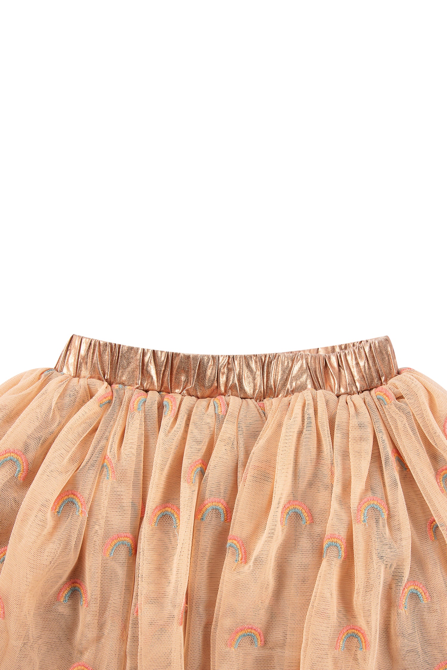 Close up of copper tulle skirt with rainbow details 