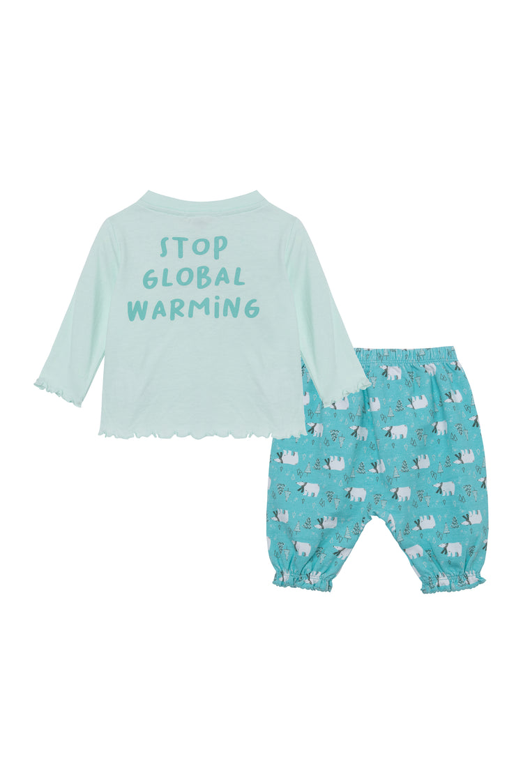 Back view of white and blue polar bear themed shirt and pant set with "stop global warming" written