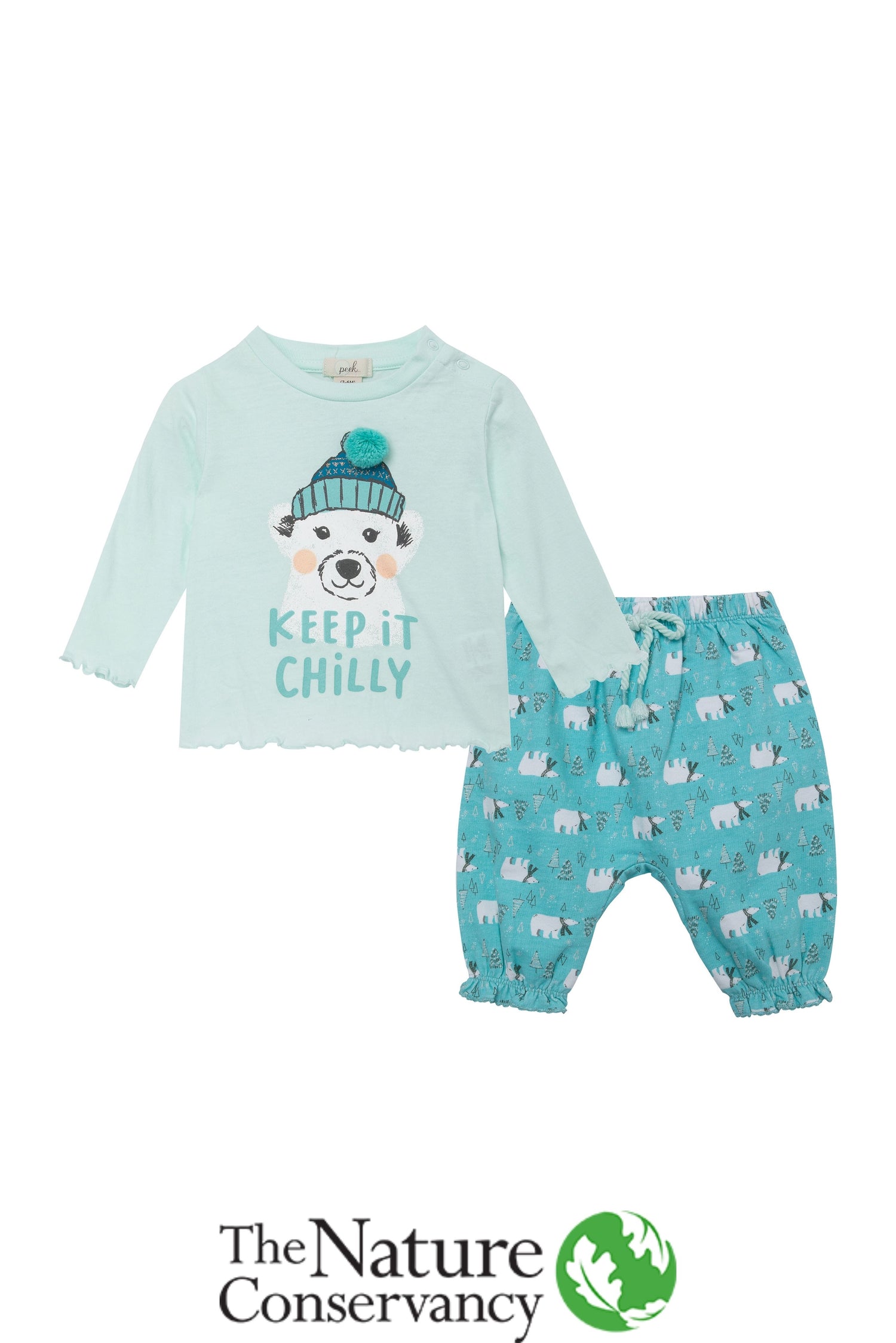 Front view of white and blue polar bear themed shirt and pant set with "keep it chilly" written