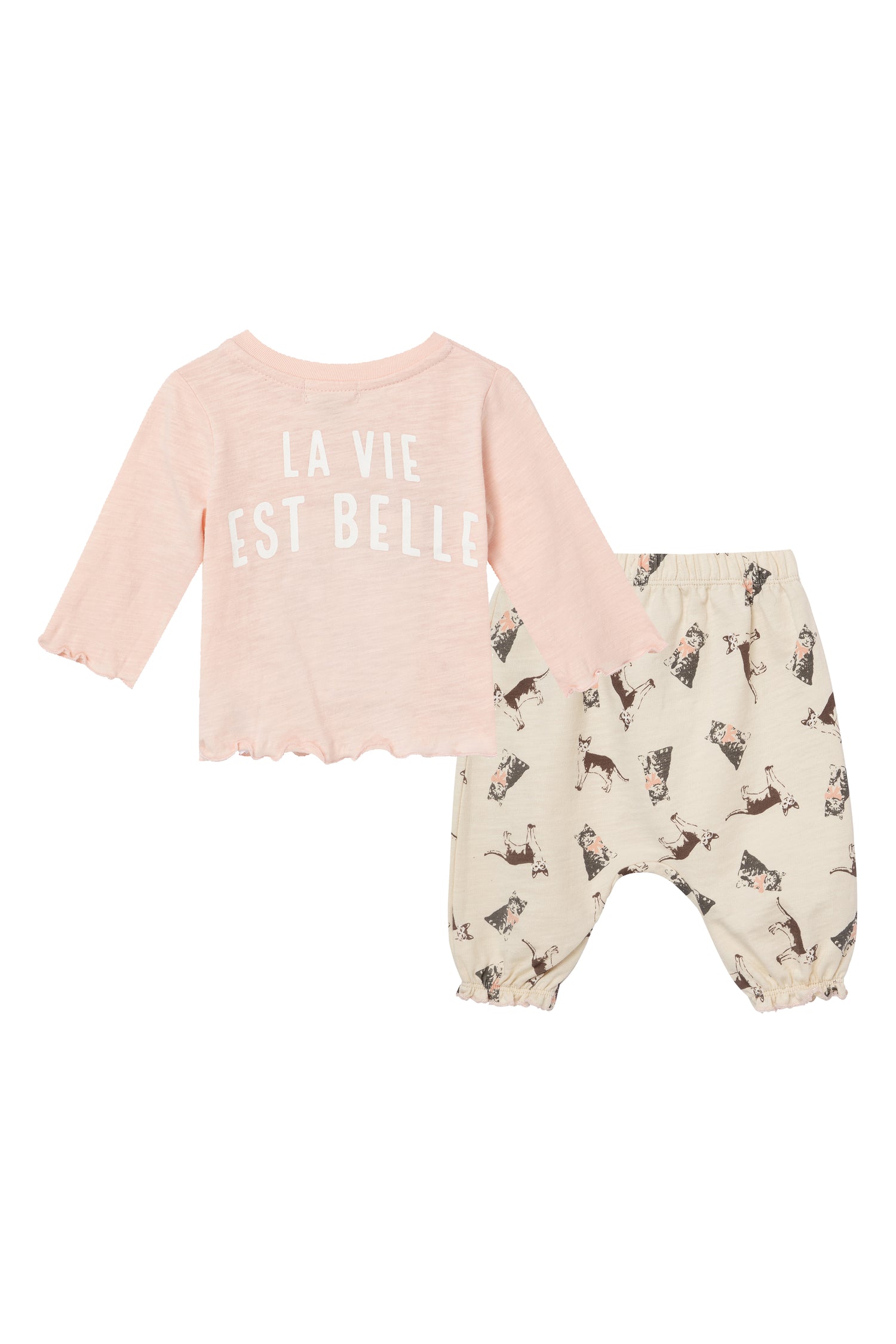 Front view of pink shirt and tan pant set with French cat image and "La vie est belle"