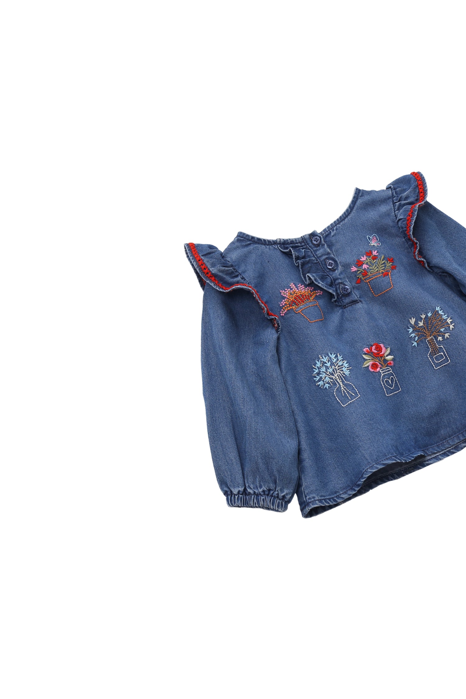 CLOSE UP OF DARK BLUE TENCEL TOP WITH EMBROIDERED POTTED PLANTS