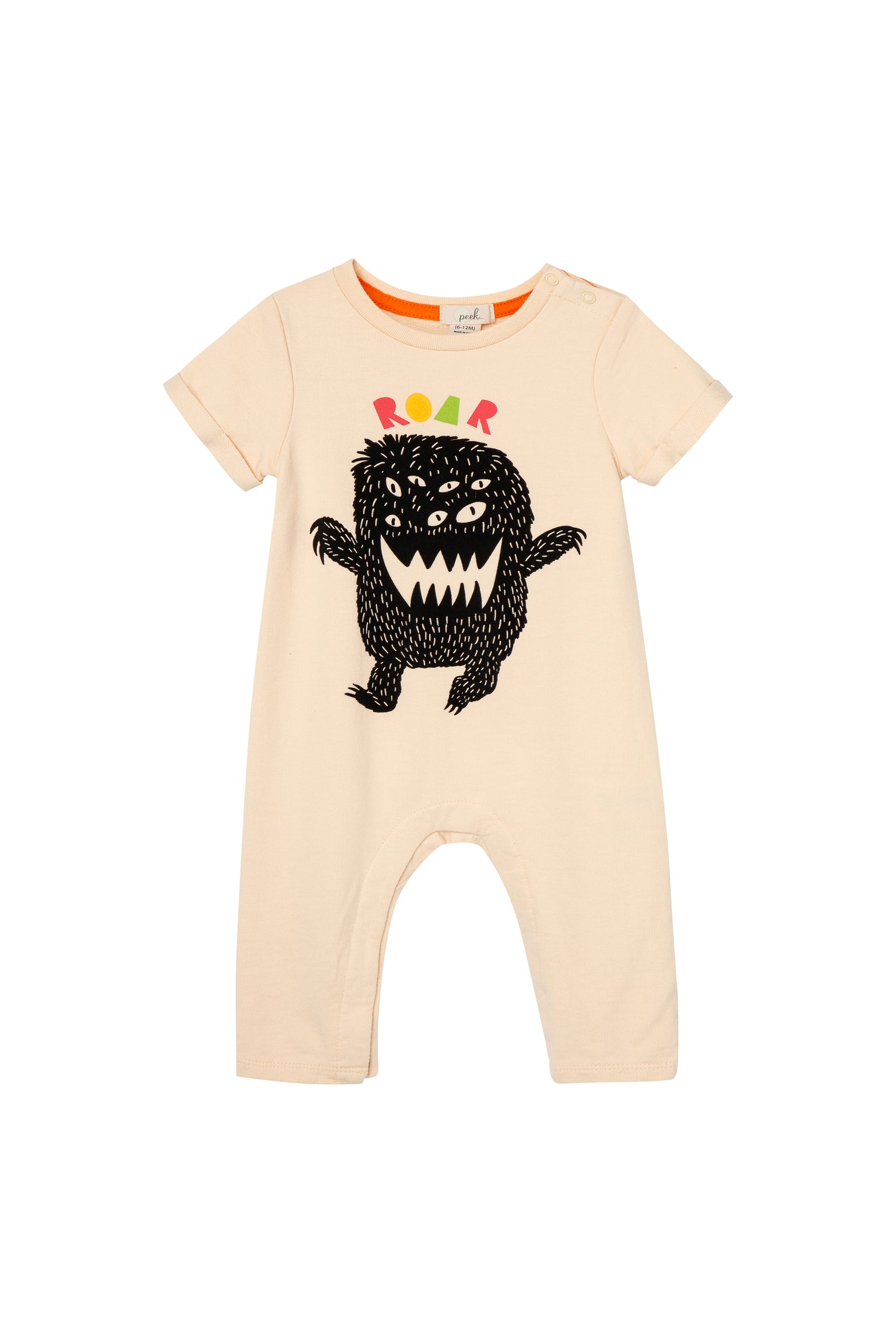Peach romper with monster illustration and text 'Roar'