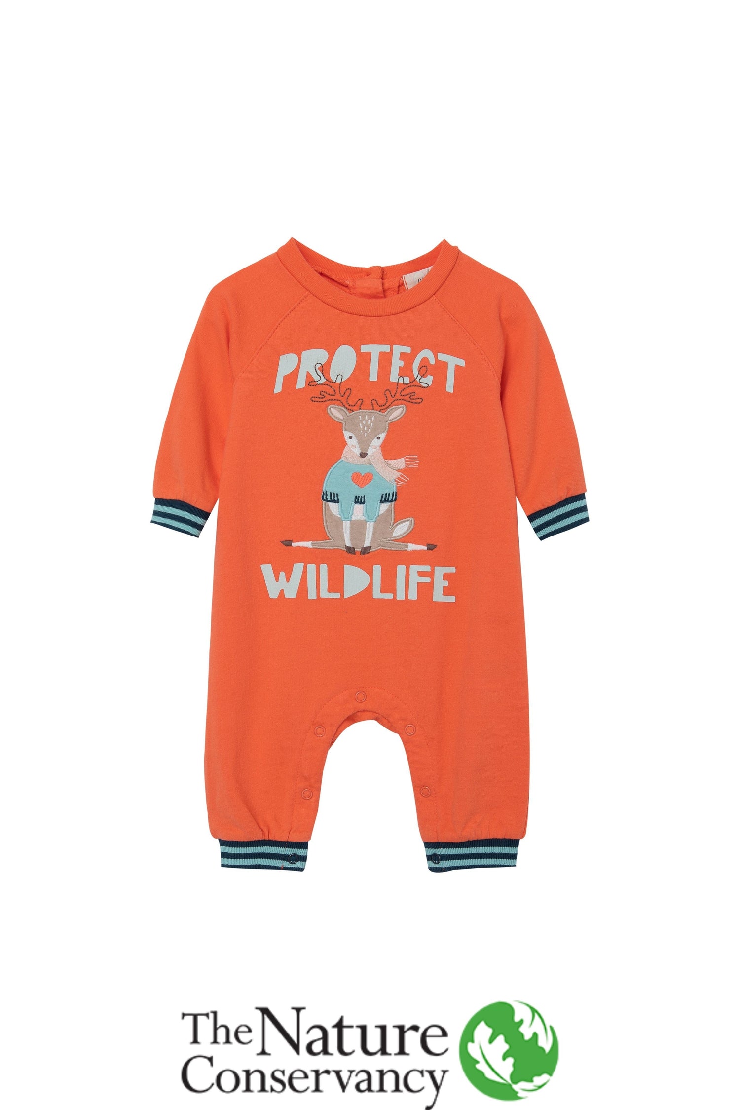 Front view of orange baby jumpsuit with reindeer and "protect wildlife" written