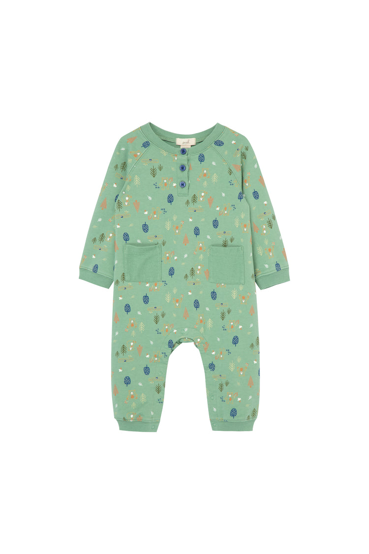 LONG SLEEVE COVERALL WITH WOODLAND BEARS PRINT, THREE TOP BUTTONS, AND TWO FRONT POCKETS