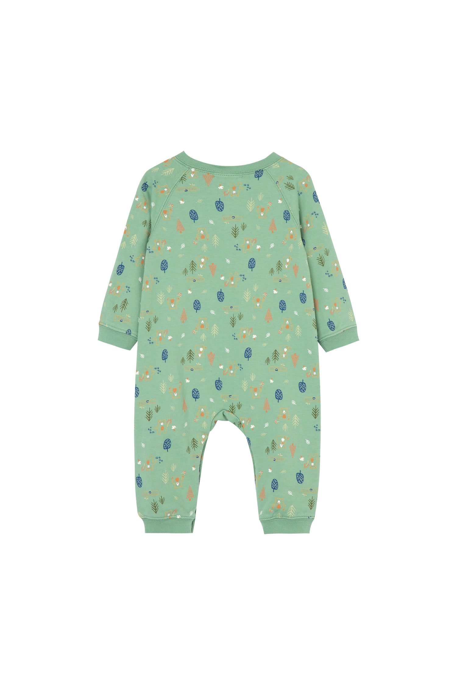 Back view of long sleeve coverall with woodland bears print