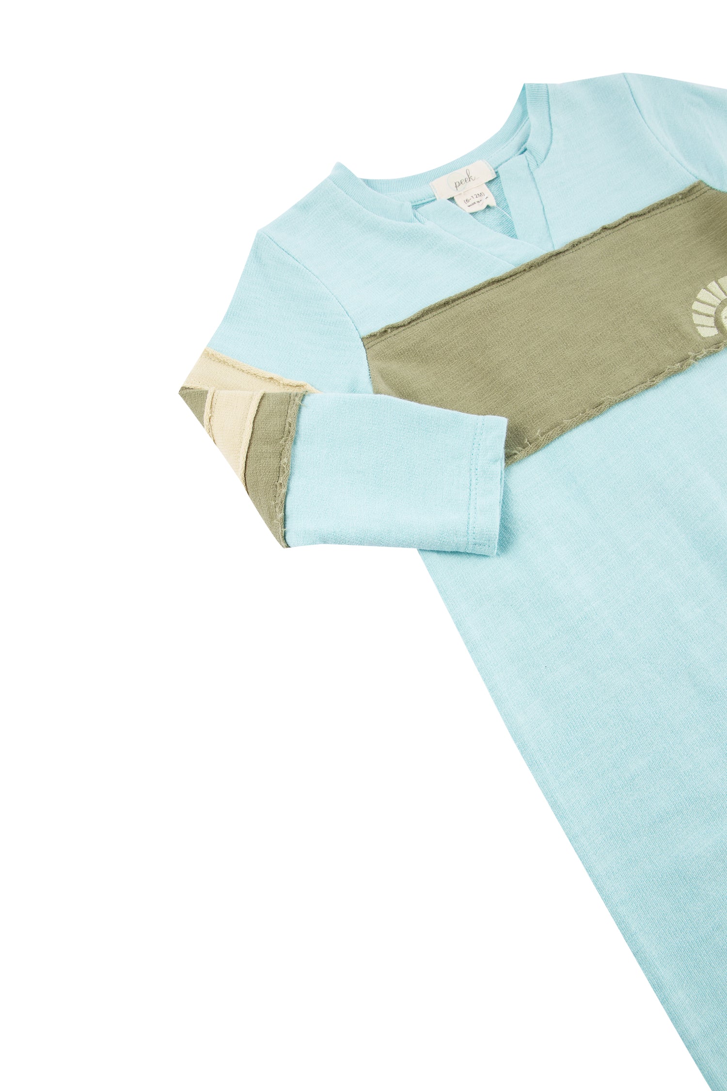CLOSEUP OF KNIT LONG SLEEVE COVERALL WITH VERTICAL STRIPE DETAILING AND PEEK SUN MOTIF