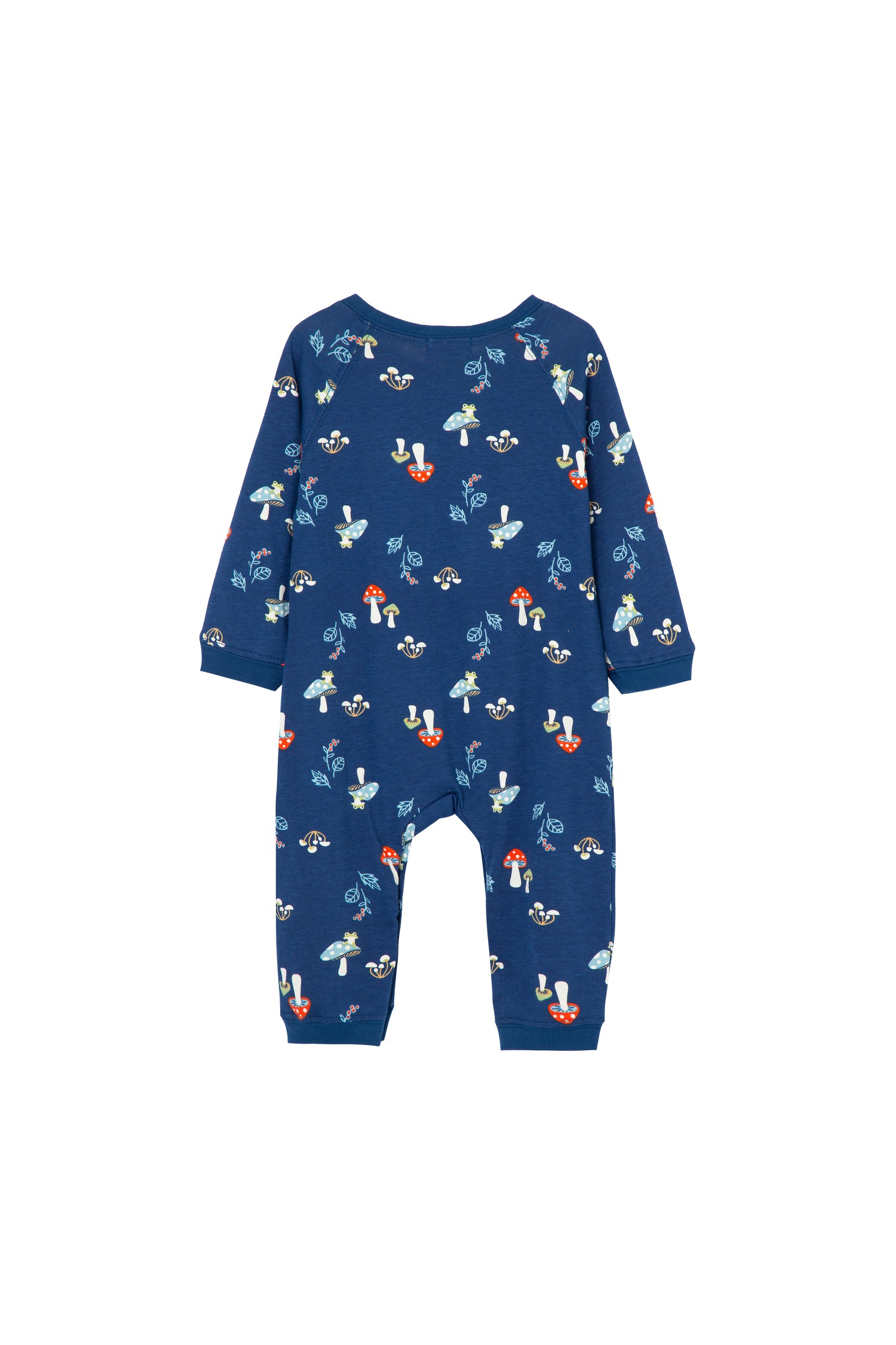 BACK OF DARK BLUE LONG-SLEEVE ONESIE COVERALL WITH MUSHROOM GRAPHICS