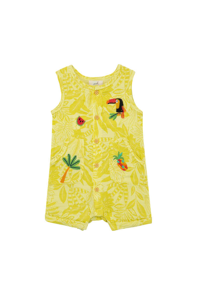 YELLOW TROPICAL LEAF ROMPER WITH WATERMELON, TOUCAN AND PALM TREE EMBROIDERY