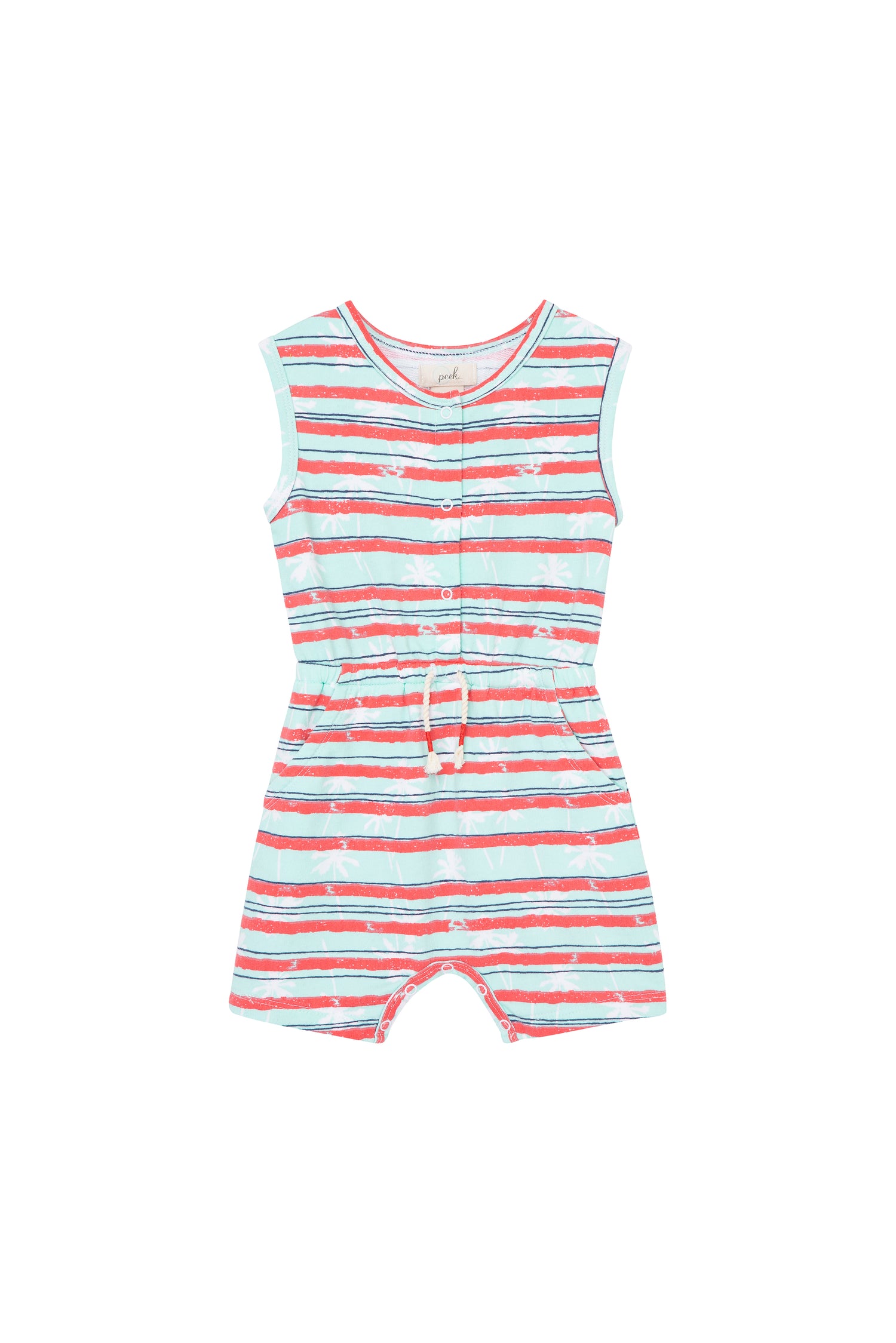 BLUE AND RED STRIPED ROMPER WITH WHITE PALM TREES