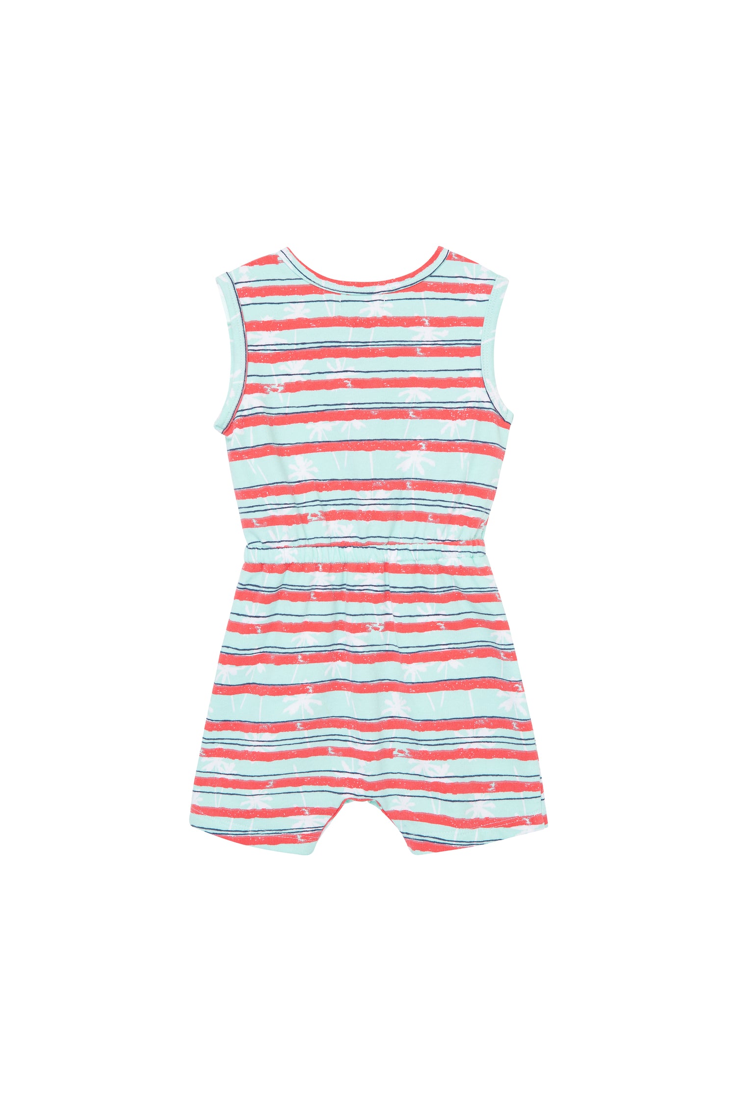 BACK OF BLUE AND RED STRIPED ROMPER WITH WHITE PALM TREES