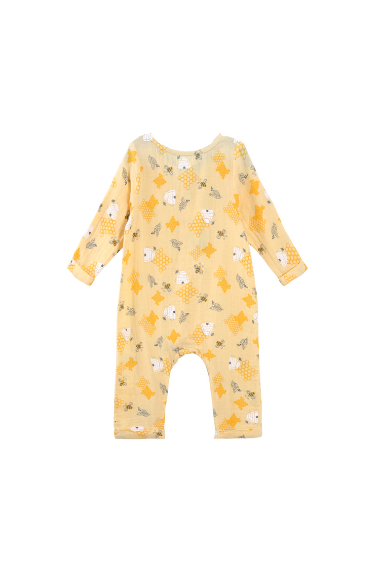 BACK OF YELLOW BEE HIVE LONG-SLEEVE COVERALL