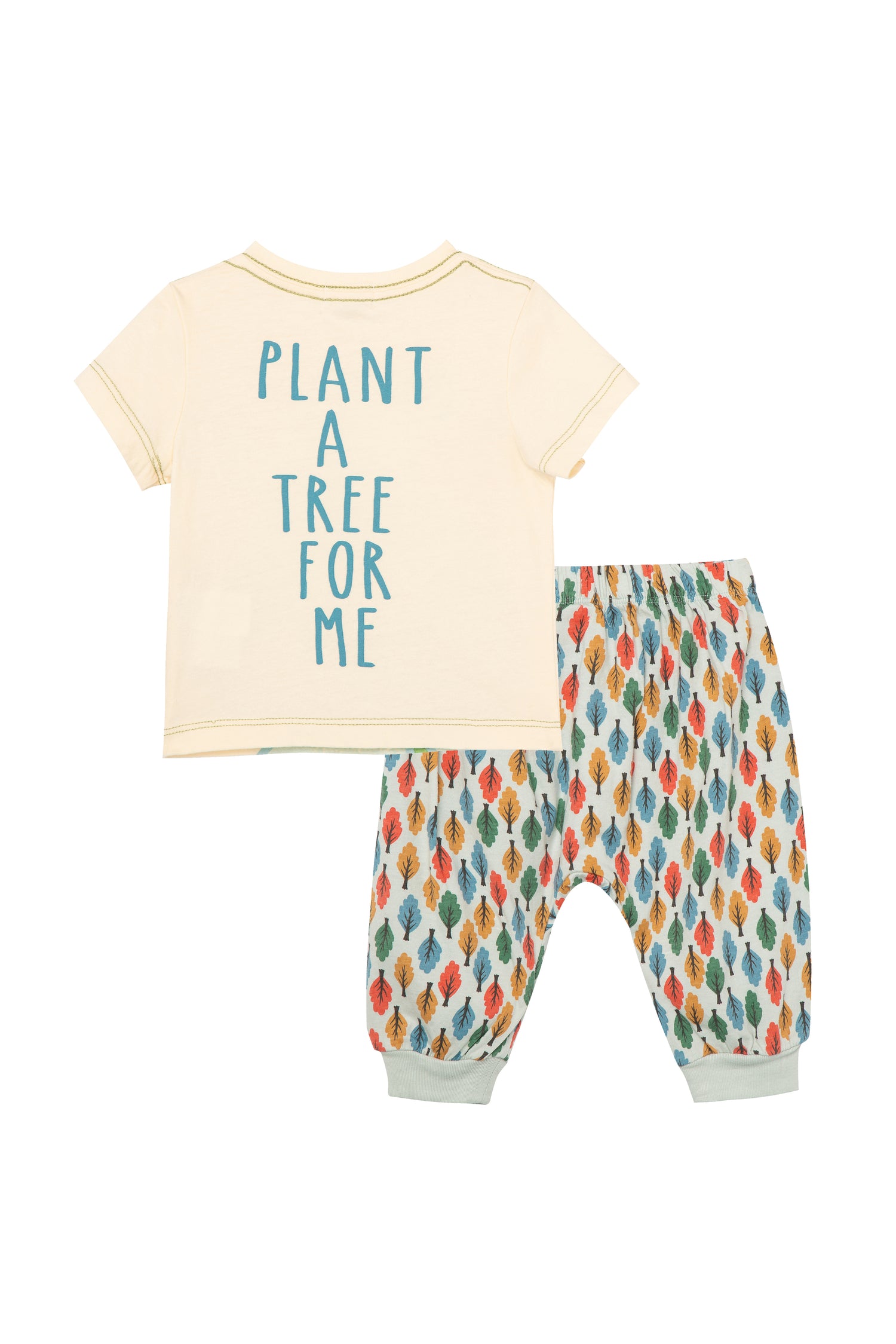 Back of off-white t-shirt with 'plant a tree for me' text and gray sweatpants wiht multi-colored trees
