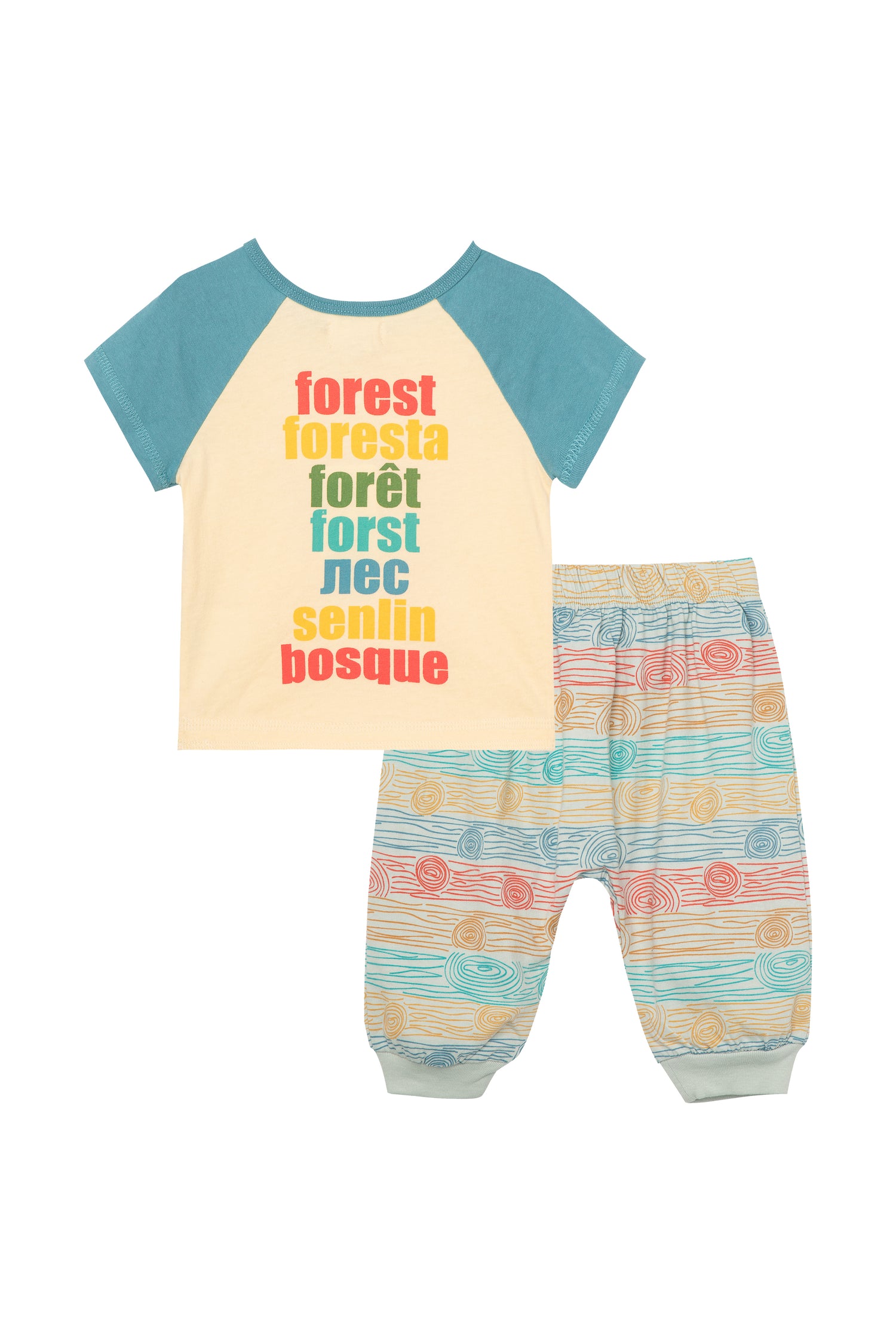 Back of t-shirt and sweatpants set with "forest" text in multiple languages