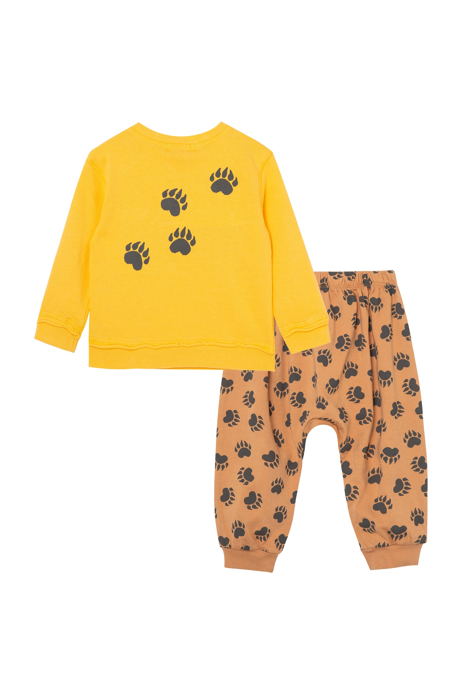 Back of yellow sweatshirt with bear print and brown bear print pattern pants