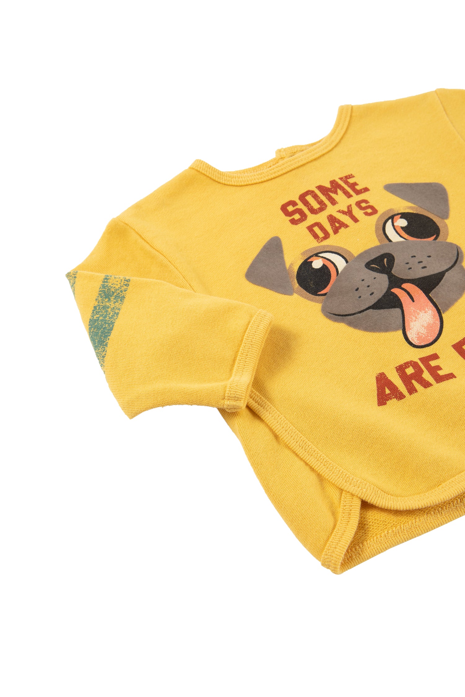 Close up view of yellow and green shirt with "some days are ruff" wording 