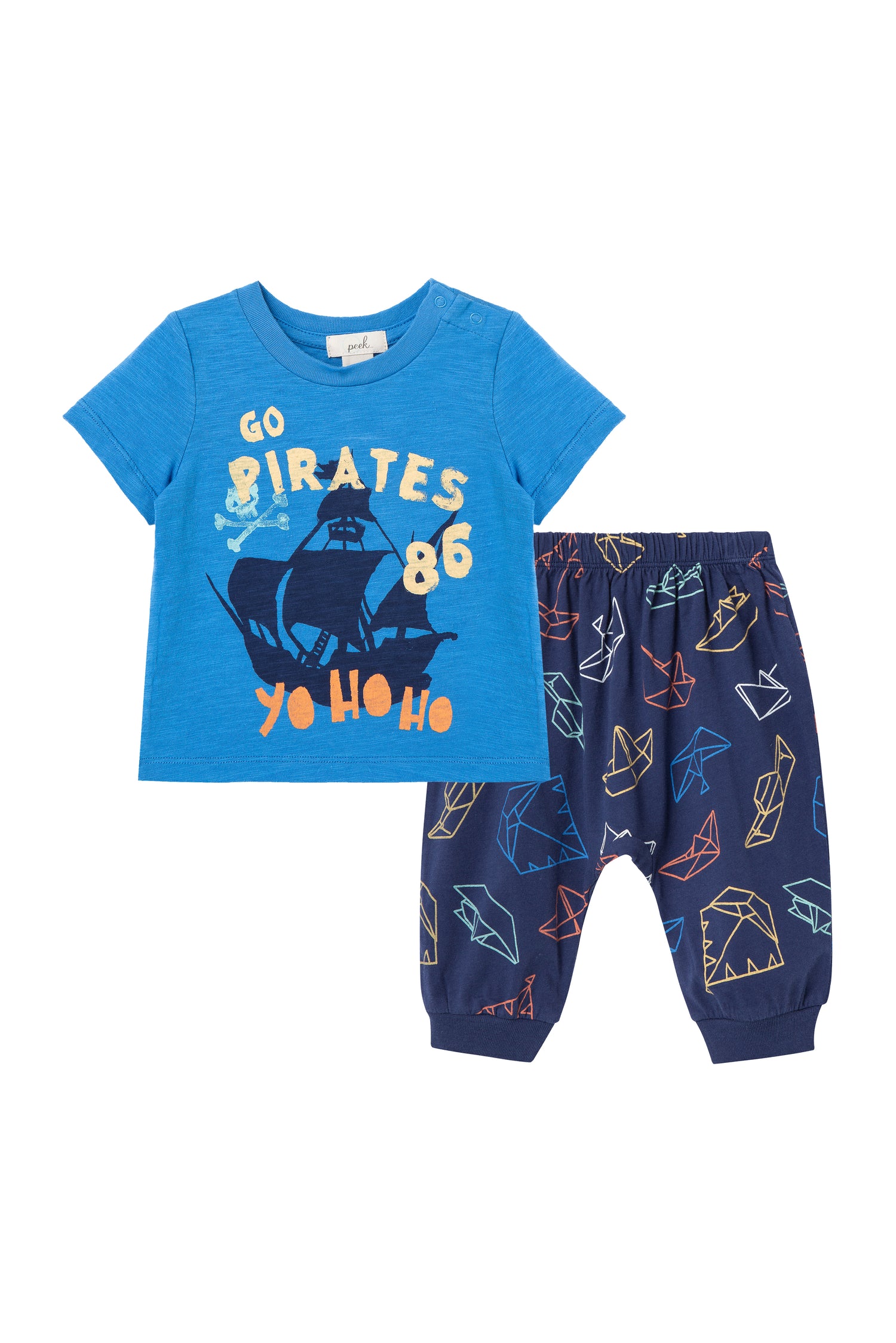 Front view of Blue pirate pant and shirt set with "go pirates" wording on shirt 