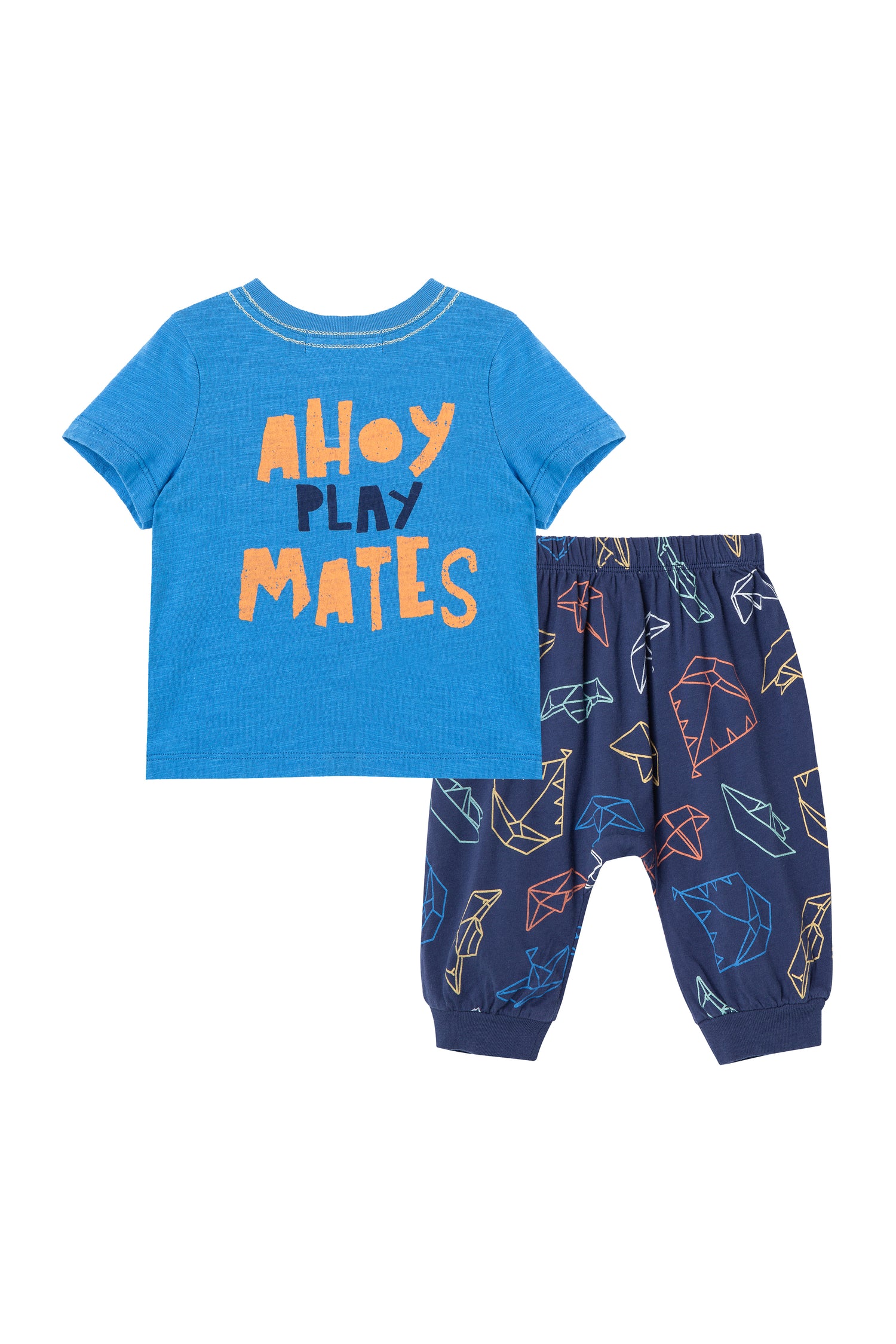 Front view of Blue pirate pant and shirt set with "ahoy play mates" wording on shirt 