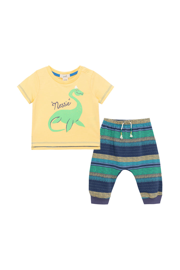YELLOW T-SHIRT WITH "NESSIE" AND DINO GRAPHIC AND MATCHING PANTS